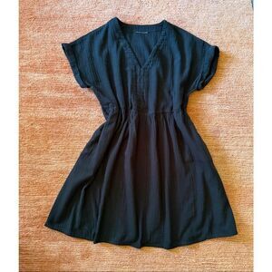 Black Gauze Cotton V Neck Short Sleeve  Midi Dress Women Medium
